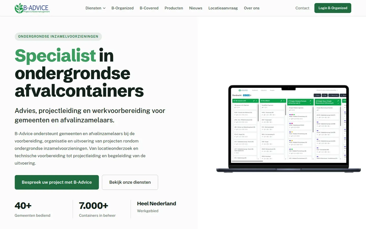 De website van B-Advice, specialist in ondergrondse afvalcontainers.