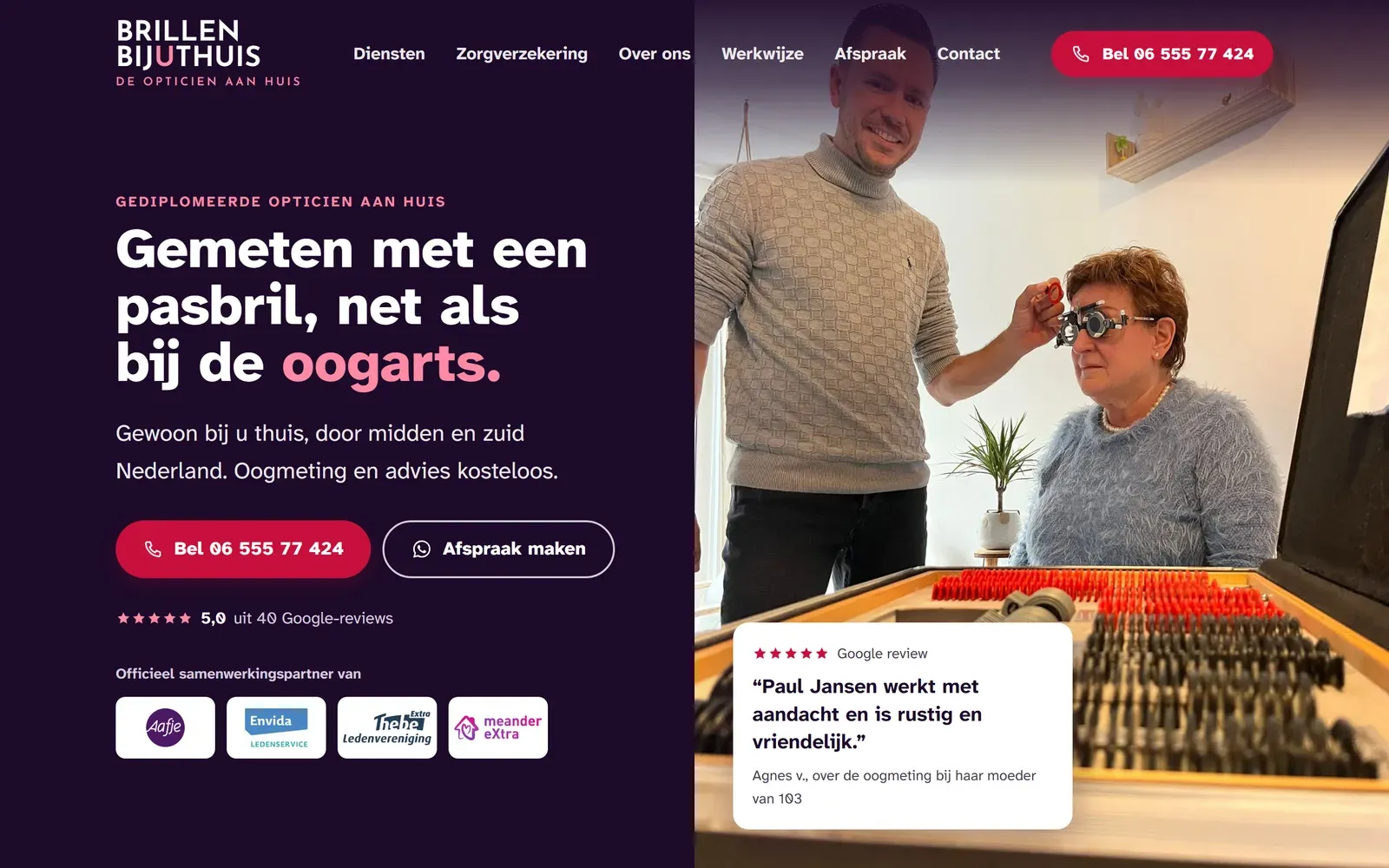 De website van Brillen bij u thuis, de opticien aan huis.
