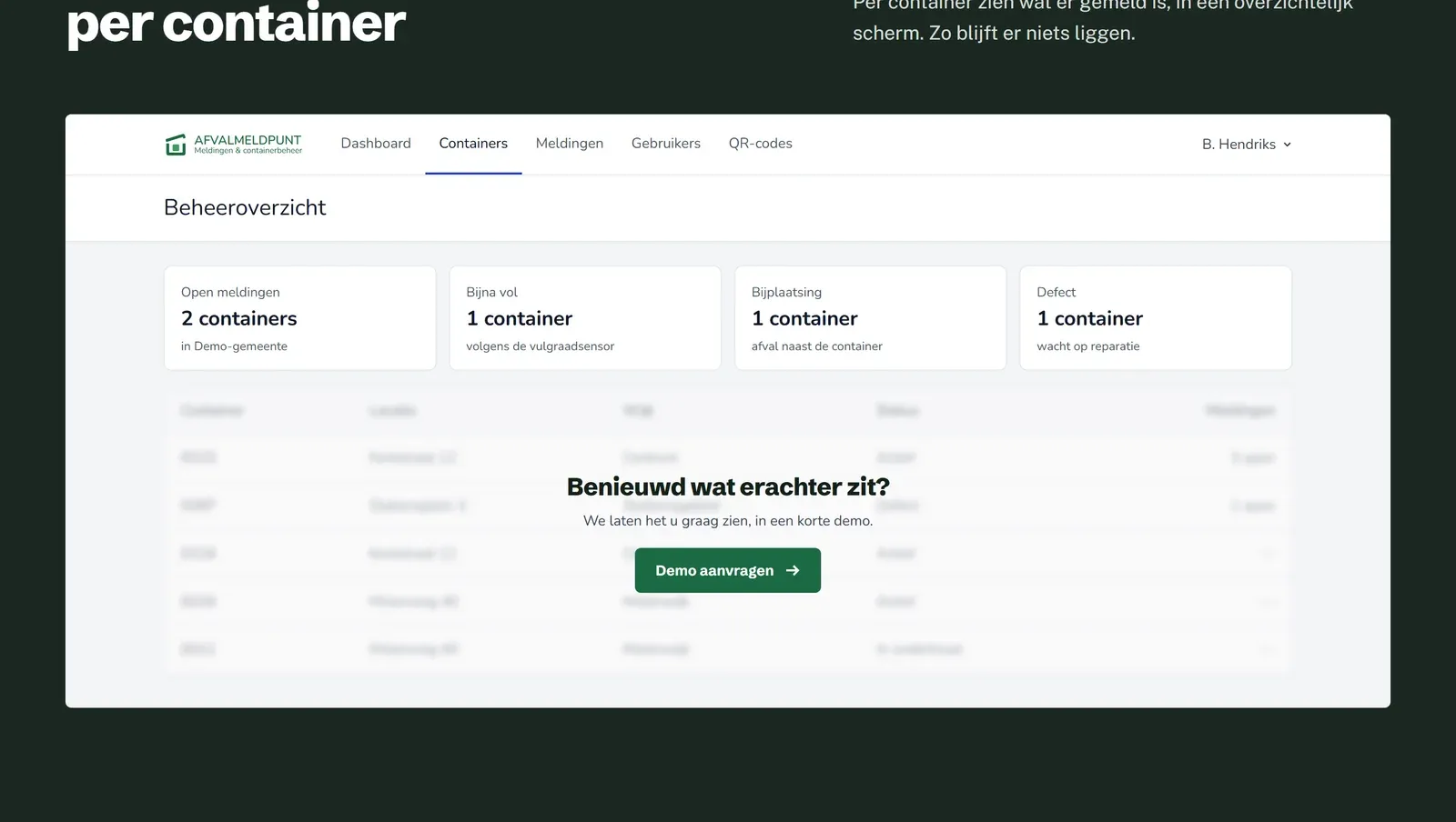 Het beheeroverzicht met open meldingen, bijna volle containers, bijplaatsing en defecten.