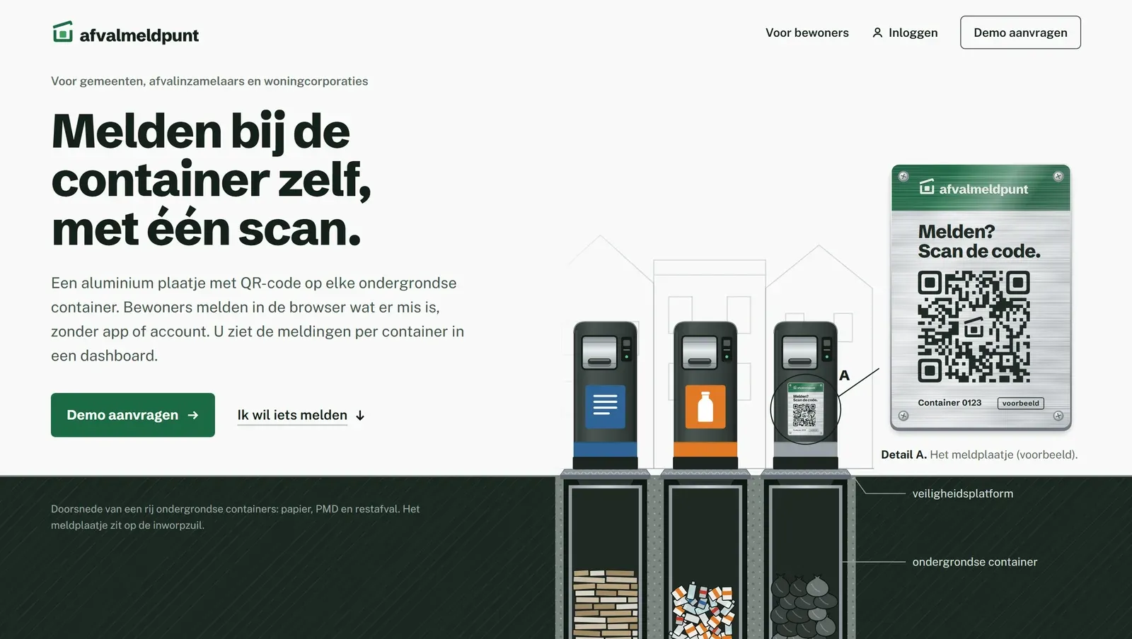 De website van Afvalmeldpunt, meldsysteem voor ondergrondse afvalcontainers.