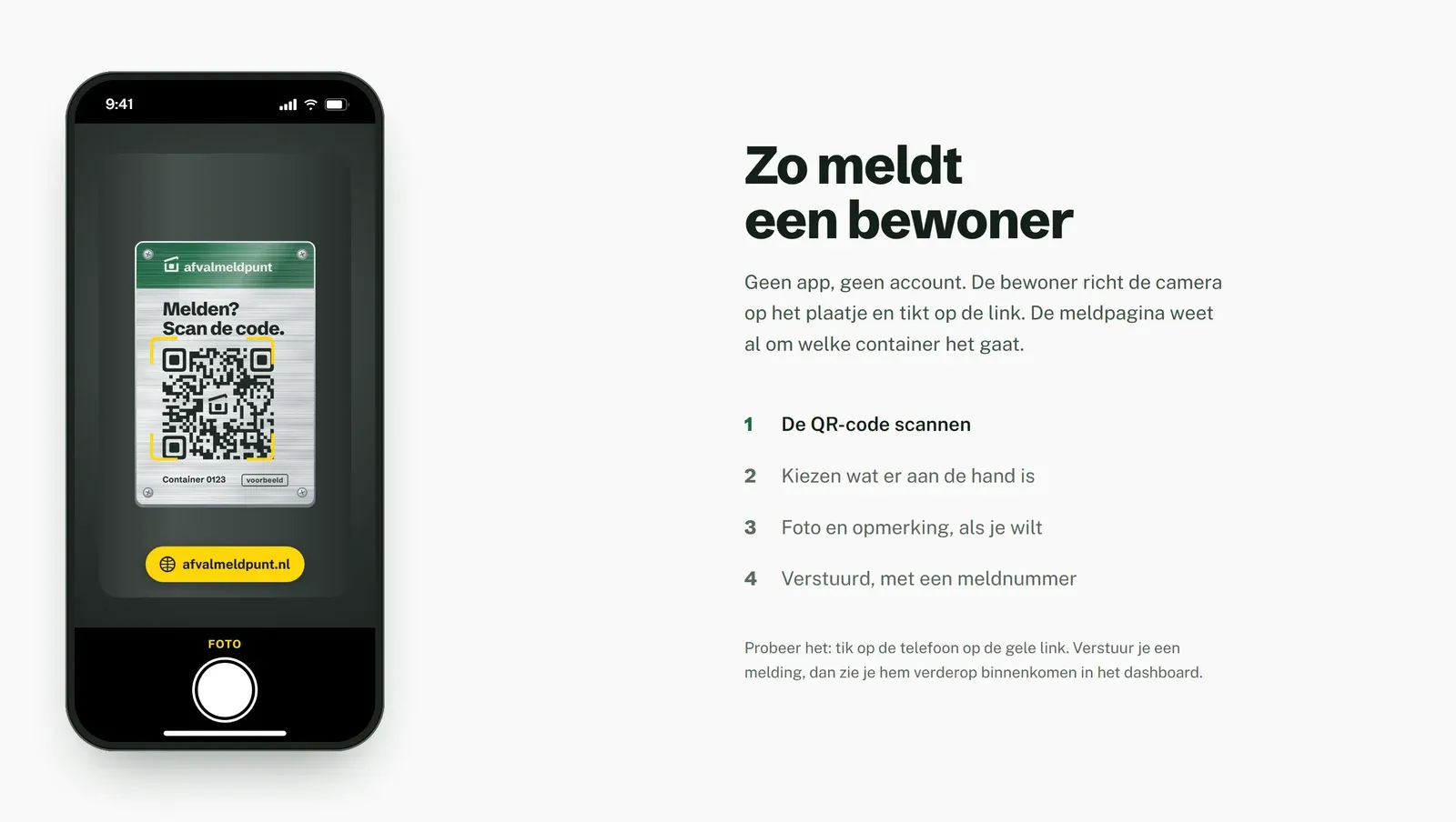 De meldpagina op een telefoon, met het plaatje in beeld en de vier stappen ernaast.