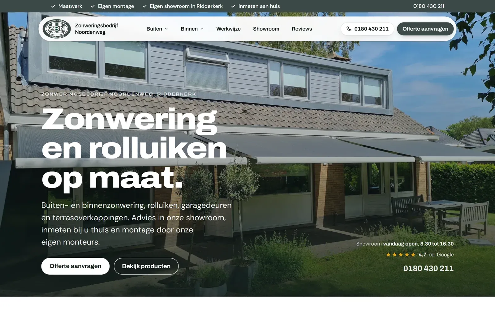 De website van Zonweringsbedrijf Noordenweg in Ridderkerk.